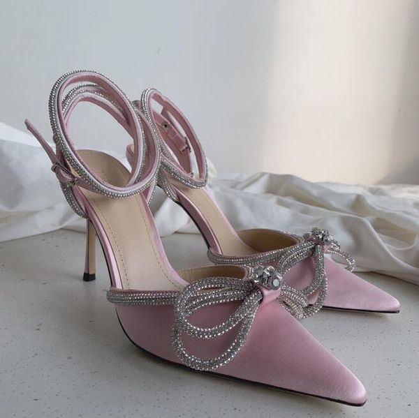 Scarpe eleganti top Mach 100 Décolleté in raso di seta con doppio fiocco Sandali da sposa bianco nero rosa rosso blu scarpe da donna con tacco alto di lusso pantofola firmata