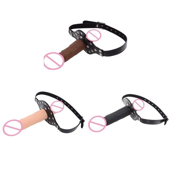 Double-Ended Vibrador Boquete Profundo Brinquedo Sexual Mordaça Boca Aberta Plugue Arnês De Couro Lésbica Strapon Pênis Butt Plug BDSM Erótico Bondage 240118