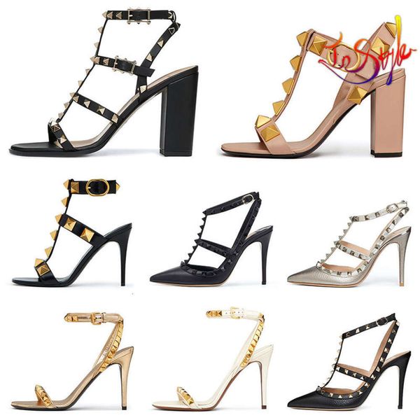 Tasarımcı Yüksek Topuk VT Sandal Elbise Ayakkabı Ayak Bileği Strap Roman Saplamalar Siyah Çıplak Şerit Perçinler V Womens Stiletto Blok Topuklu