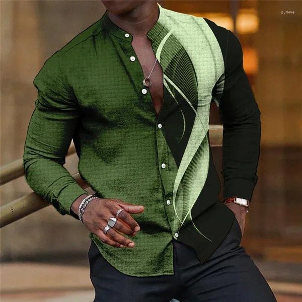 Camicie casual da uomo Camicia Hawaii Linea 3D Manica lunga Colletto a sfera T-shirt oversize Abbigliamento estivo 2024 Alta qualità