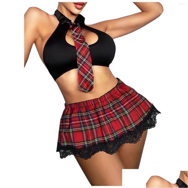 Set di reggiseni 2023 Y Lingerie stile britannico Gilet di pizzo Gonna scozzese Cravatta Reggiseno aperto perizoma SM Cosplay School Girl Set erotico Consegna di goccia Dhqji