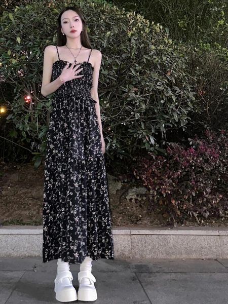 Lässige Kleider Schwarzes Blumenkleid mit hohem elegantem Stil Lange Y2k formelle Anlässe Vestidos 2024 Frauen
