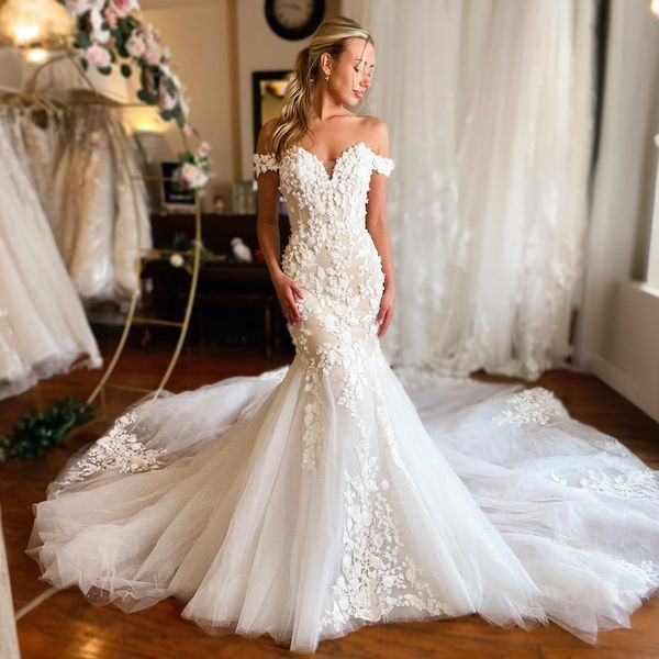 Abito da sposa a sirena per la sposa Illusione con spalle scoperte Abiti da sposa in pizzo applicati per la Nigeria Donne nere per matrimonio Abiti splendidi Taglie forti NW046