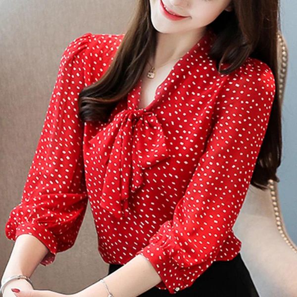 Capris de alta qualidade mulheres gravata laço chiffon blusa camisa dobra geométrica dot impresso solto mulher topos vermelho branco blusas 3/4 manga