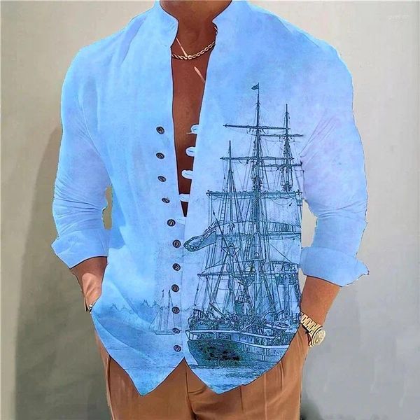 Мужские повседневные рубашки, весенне-осенняя рубашка с принтом, свободная рубашка с длинным рукавом «Пиратский корабль» на пуговицах в стиле ретро, большой размер