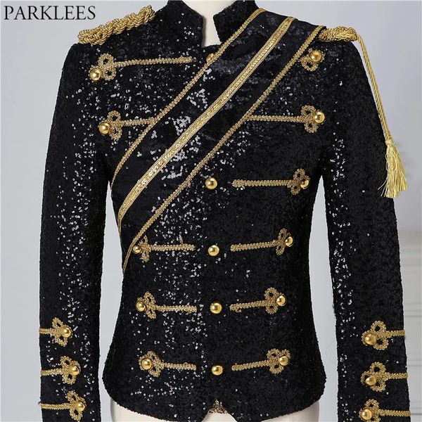 Giacca da uomo Steampunk con paillettes nere Giacca con colletto alla coreana Design con nappe Blazer da uomo Nightclub Party Prom Rock and Roll Costumi 3XL 240117