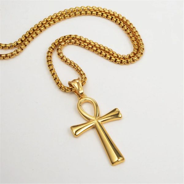 Colares egípcios com cruz ankh, pingentes 14k, ouro amarelo, hieróglifos, amuleto, colares para mulheres, homens, joias do egito, presentes