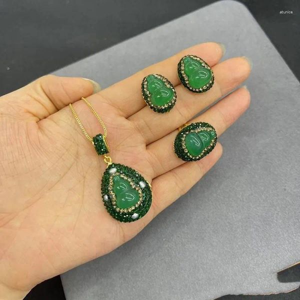 Halskette-Ohrringe-Set, 1 Set, grüner Jade-Glaskürbis/Buddha-Anhänger, ZIRKON-RING
