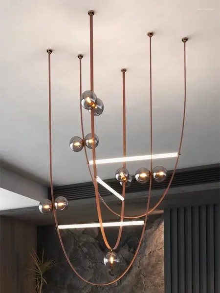 Lampade a sospensione Luci creative Marrone Nero Pelle artificiale Vetro grigio trasparente per sala da pranzo El Hall Lampadina G9 liberamente abbinata