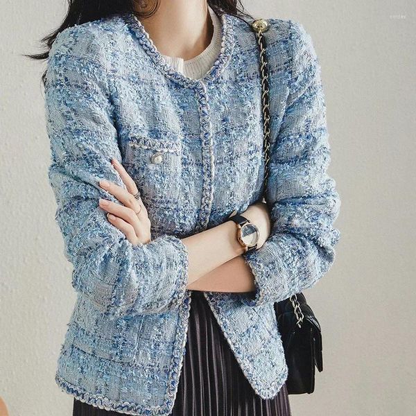 Jaquetas femininas jaqueta tweed primavera/outono clássico senhoras pista xadrez azul solto casaco o-pescoço