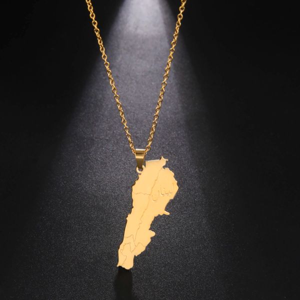 Colar do mapa do Líbano 14K Pingente de ouro amarelo homem homem chocker mapa com quadro de mapa com charme islâmico árabe, que escrevem jóias irlandesas presentes