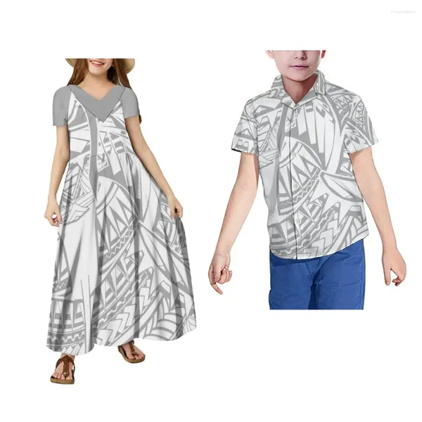 Freizeitkleider Kinder V-Ausschnitt Kurzarm bedrucktes langes Kleid Hawaii Kinderhemd Stammeshemden und im Angebot