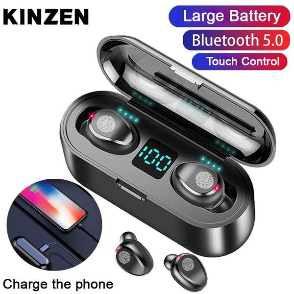 Kopfhörer F9 Kopfhörer Bluetooth-Kopfhörer Drahtloser Ohrhörer Lauf-Headset mit Ladehülle Power Bank Wasserdichte Ohrhörer für iPhone