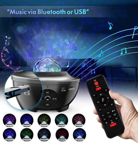 Proiettore di luce notturna remota Ocean Wave Controllo vocale dell'app Altoparlante Bluetooth Galaxy 10 Scena stellata colorata per bambini Gioco Party Ro1885997