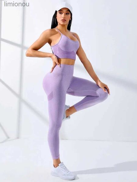 Conjuntos ativos femininos conjunto de yoga 2/pcs roupas de treino sem costura yoga roupas esportivas leggings e alça de ombro fina estiramento sutiã esportivo fitnl240118