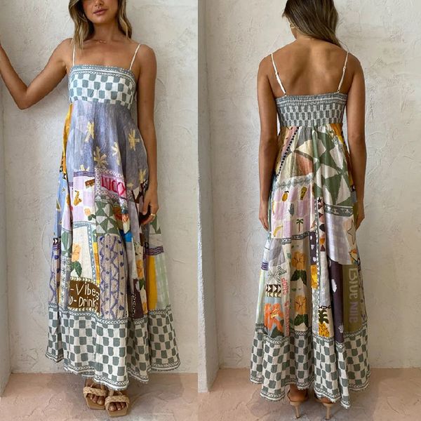 Australische Designer schick Frauen Langes Kleid abstraktes Muster sexy Frauen Baumwolle Leinen Halfter Graffiti Druck ärmellose Schwungkleid Bombe Halfter Kleid