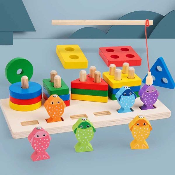 Classificação de brinquedos de empilhamento de aninhamento 2 em 1 Montessori Baby Developmental Toys Forma Classificação de quebra-cabeça e jogo de pesca Brinquedos educativos de madeira para crianças 3 4 5 anos 240118