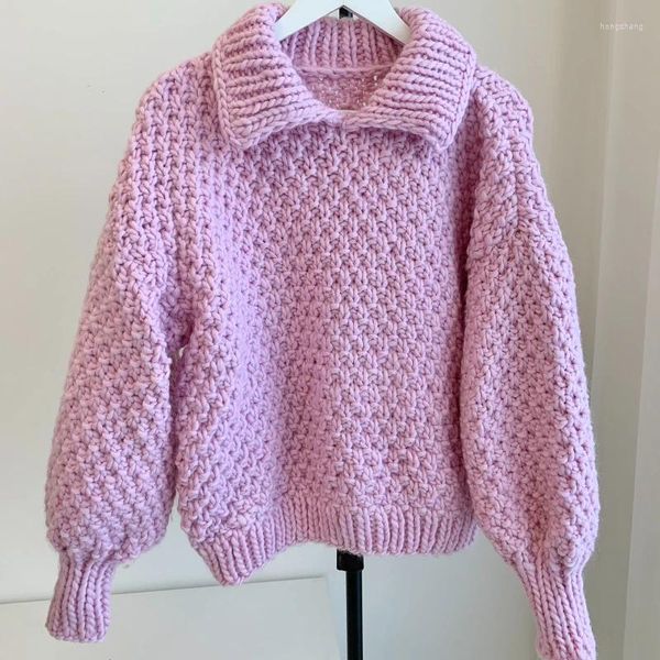 Женские свитера, однотонные, розовые и красные, с отложным воротником и длинными рукавами, свитер из чистой шерсти ручной работы, женская зимняя одежда