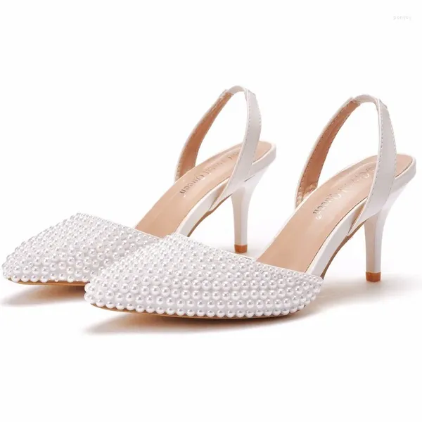 Sandálias Bombas Mulheres Salto Alto Casamento String Bead Slip On PU 7cm Salto Fino Banquete Tiro Sapatos Sexy Branco