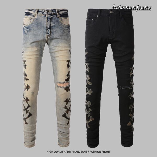 Мужские джинсы в стиле американского уличного хип-хопа с лоскутным рисунком черепа, вышивкой, винтажной стиркой, потертостями, эластичным зауженным кроем, брюками в стиле рэп, дизайнерскими длинными брюками в стиле дрип