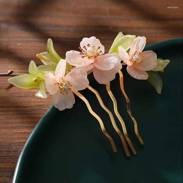 Haarspangen chinesische Kämme rosa Blume Haarnadeln Perle Kopfschmuck für Frauen Mädchen Hanfu Kleid Styling Schmuck Zubehör