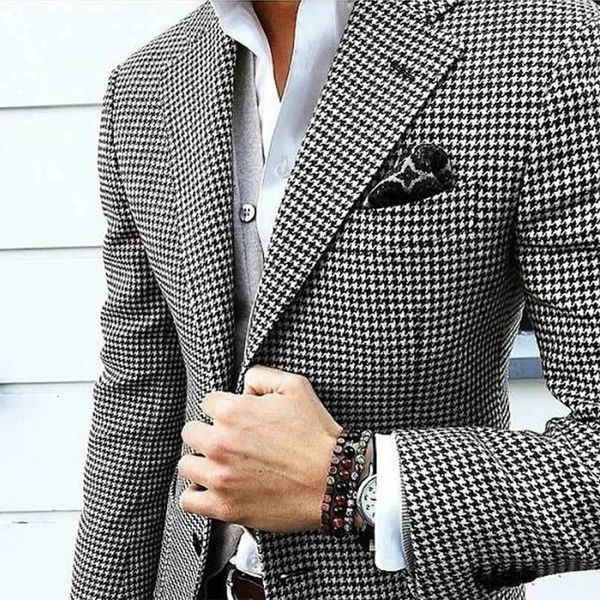 Estilo italiano masculino blazer houndstooth casual homem terno jaqueta entalhada lapela verificar casaco de casamento para festa de formatura 240117