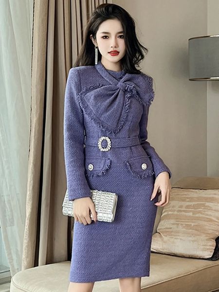 Elegantes, modisches Midi-Kleid für Damen, lila Tweed, helle Seide, Quastengürtel, Robe, professionelle Business-Büro-Dame Vestiod 240117