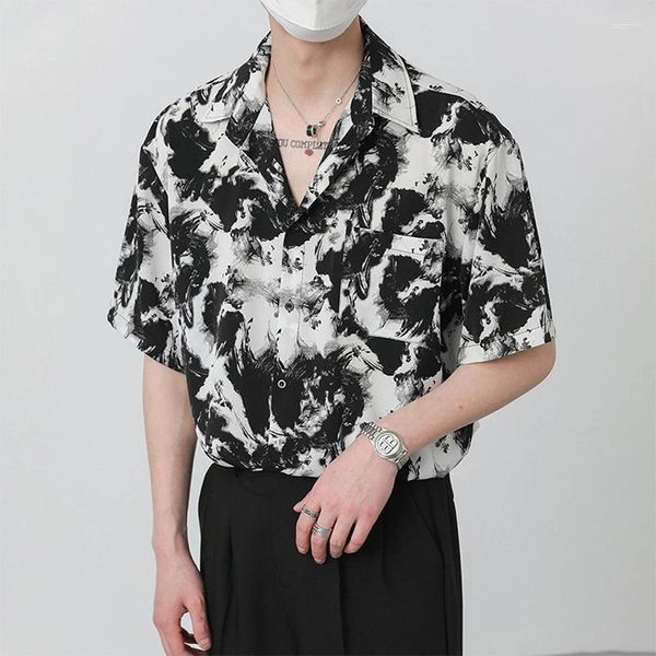 Camicie casual da uomo Pittura a inchiostro coreano Camicia nera scura High Street Colletto rovesciato Camicetta a maniche lunghe Primavera 2024 Magliette larghe alla moda