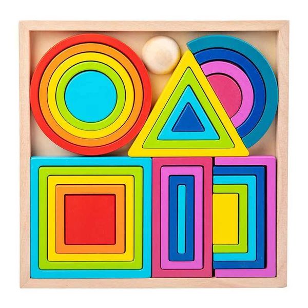 Classificação brinquedos montessori arco-íris empilhamento blocos de construção de madeira equilíbrio jogo arte geométrica criativo brinquedos educativos crianças presentes