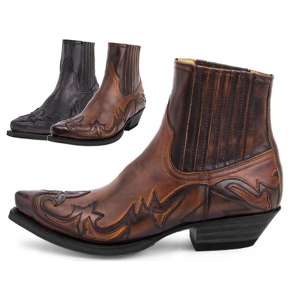 Calçados plus size 48 moda masculina vintage botas de cowboy de couro alta cinta de corrente sapatos punk apontou toe biker botas masculinas 2023