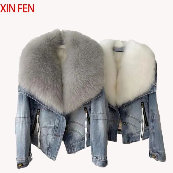 Winter Women Luxury Natural True Fox Fur Big Gollar Goose Down Denim Down Jackets Short quente Casual casual Casual 240117