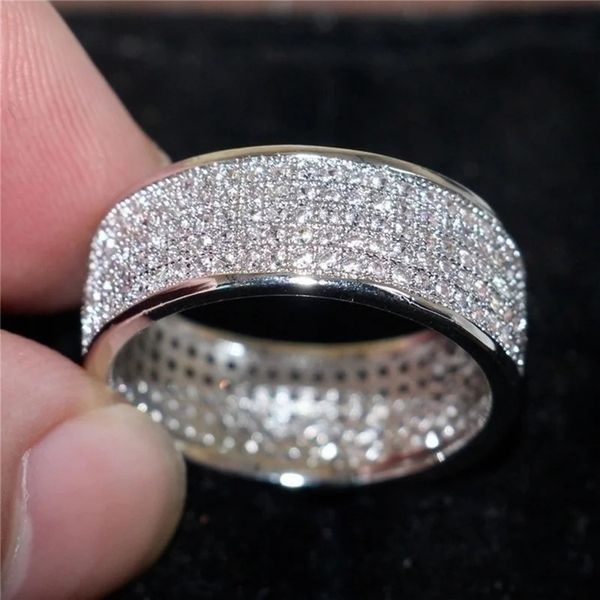 Brilhar prata e cor de ouro feminino anel redondo incrustado branco zircão anel para mulheres masculino noivado jóias de casamento presente 240117