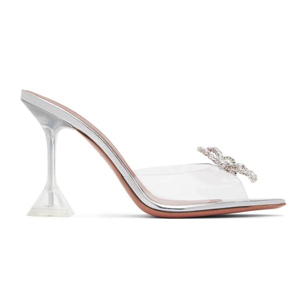 Lüks amina muaddi kadın topuklu sandalet ayakkabı rosie yay süslemeli beyaz siyah deri katırlar parti düğün mücevherli bayan kayma yüksek topuk ayakkabı eu35-41 kutu