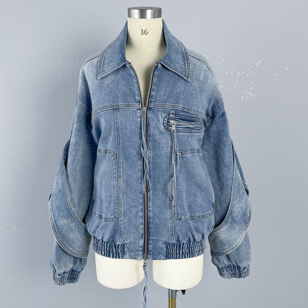 OC468M56 Giacca di jeans allentata primaverile da donna in cotone con risvolto casual con fori slavati per cappotto alla moda