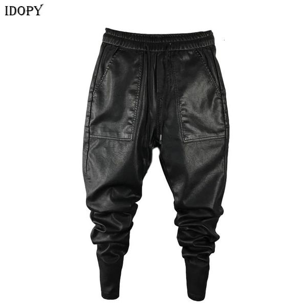 Idopy Calça masculina de harém de couro sintético quente para inverno com cintura elástica e cordão PU Calças de corrida para homens 240117