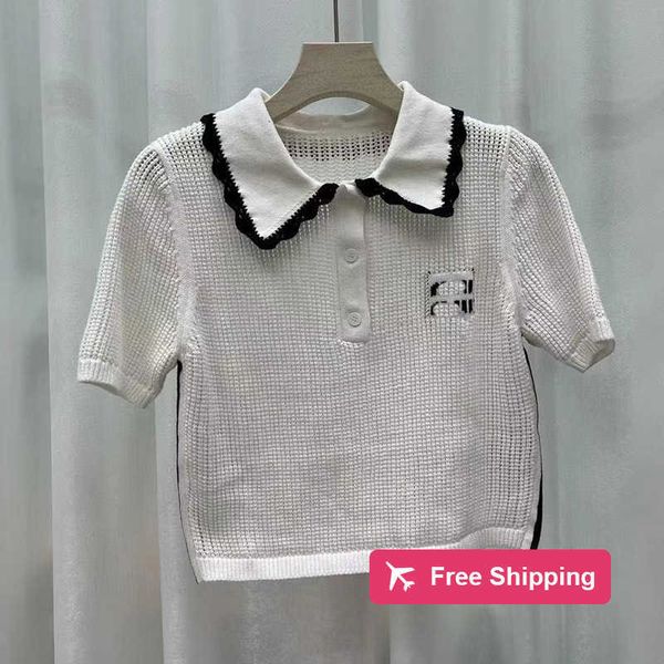 Дизайнерская женская футболка MIU Home Summer, новая черно-белая контрастная футболка с надписью «кукла» и коротким рукавом, вязаный топ из полой сетки, женская Y8JC