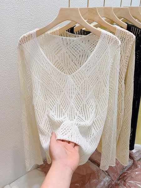 Mulheres camisetas Crochet Knitwear Mulheres Primavera Verão V-Pescoço Manga Longa Oca Out Sweater Malha Pulôver Beatch Smock Tops Streetwear