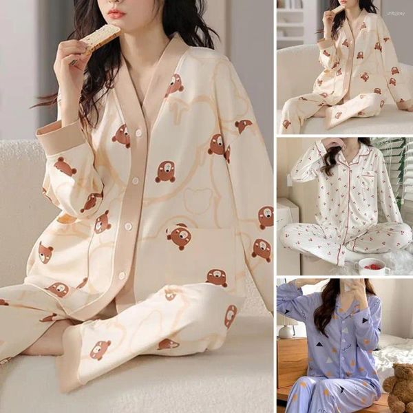 Damen-Nachtwäsche, Polyester-Pyjama, gemütliches Cartoon-Druck-Winter-Pyjama-Set mit einreihigem V-Ausschnitt, elastischer Taille, weich, lang für Kälte
