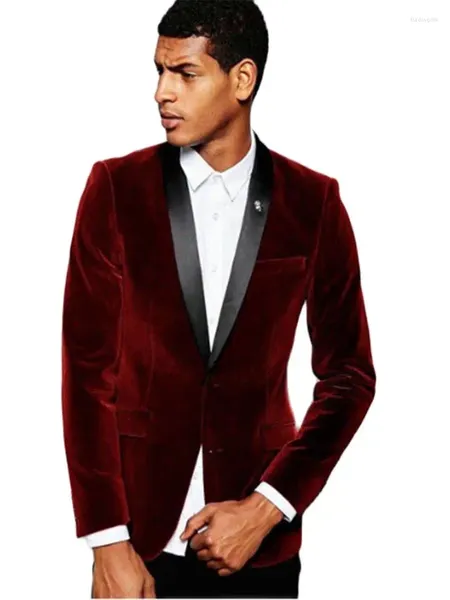 Herrenanzüge Burgunderroter Samtblazer mit schwarzem Schalrevers Slim Fit Hochzeit für Mann Maßgeschneiderte Trauzeugen-Smokings (Jacke und Hose)