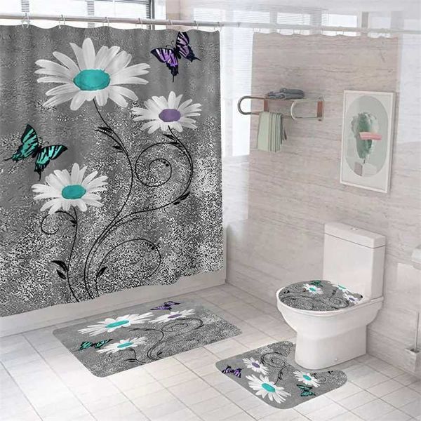 Tende da doccia Fiori margherita Tenda da bagno Bagno impermeabile Tende da doccia di alta qualità Stampa Tappetini da toilette Tappeto ecologico antiscivolo