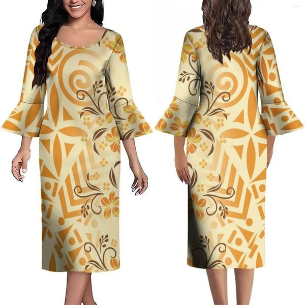 Freizeitkleider Damen O-Ausschnitt Ausgestellte Ärmel Polynesisches Kleid Samoan Tribal Elegante lange blaue bedruckte hawaiianische Kleidung