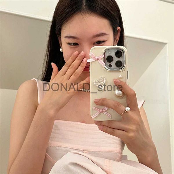 Handy-Fälle Koreanische süße große Perle 3D-Laser-Liebes-Herz-Rosa-Bogen-Telefon-Kasten für iPhone 15 14 13 12 11 ProMax XR Plating-Objektiv-Schutzabdeckung J240118