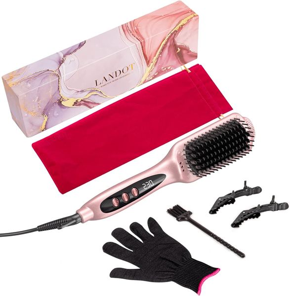 Escova alisadora de cabelo LANDOT Escova de alisamento aquecida: escova de cabelo quente de íon negativo ouro rosa para cabelos lisos e sem frizz - escova de ferro plano de cerâmica