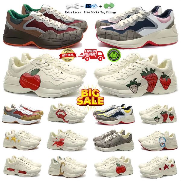 Sapatos de grife Luxo Mulheres Rhyton Sneakers Homens Sapatos Multicolor Bege Trainer Moda Casual Sapatos Genuínos Couro Bege Sola Grossa Sapatos Esportivos Retro