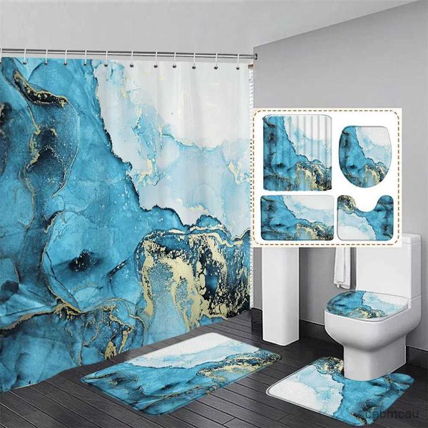 Tende da doccia Blu Marblehower Tenda e tappeto per bagno Dipinto astratto Moderno Arredamento bagno Tappeto Tappetino da bagno antiscivolo Toileteat