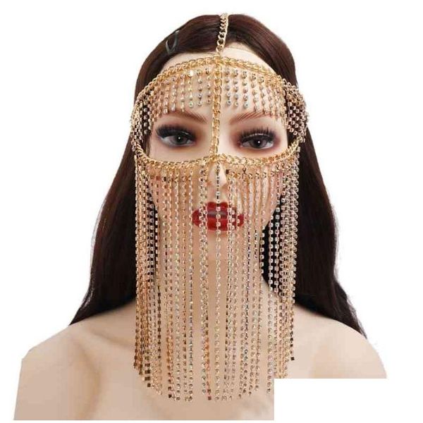 Correntes de barriga Mulheres Handmade Faux Crystal Tassel Masquerade Máscara Veil Face Chain Dance Stage Cosplay Party Headband Boho Festival Cabelo Dhset