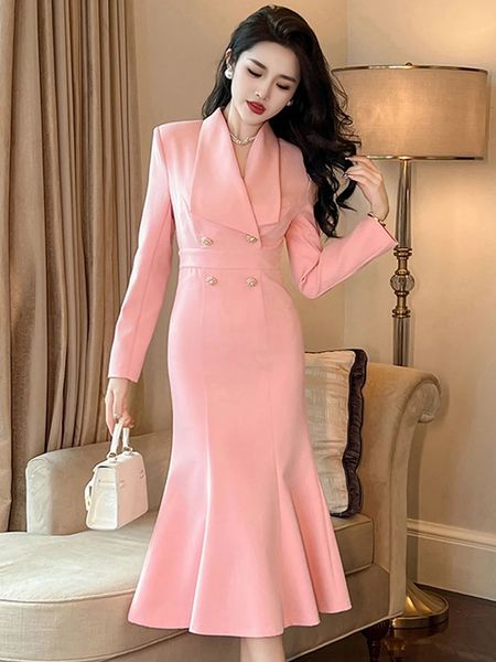 Estilo elegante feminino vestido profissional celebridade doce rosa duplo breasted babados longo robe festa de negócios vestidos mujer 240117