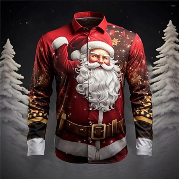 Camicie casual da uomo Camicia stampata con Babbo Natale Festa di ballo di Natale Tessuto confortevole con bottoni bavero a maniche lunghe