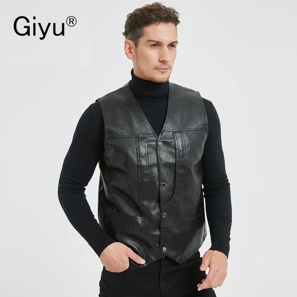 Giyu moda ön düğmesi sahte deri yelek erkekler vintage kolsuz erkek pu dış giyim şık yelek üstleri 240117