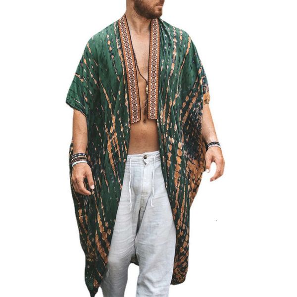 Verão novo europeu e americano masculino praia protetor solar roupas casual impressão camisa moda manto casaco